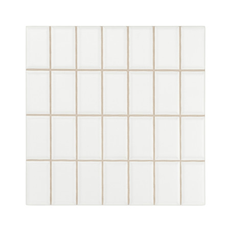 White rectangular tiles form a grid pattern, each separated by thin beige grout lines, creating a clean, minimalist appearance s