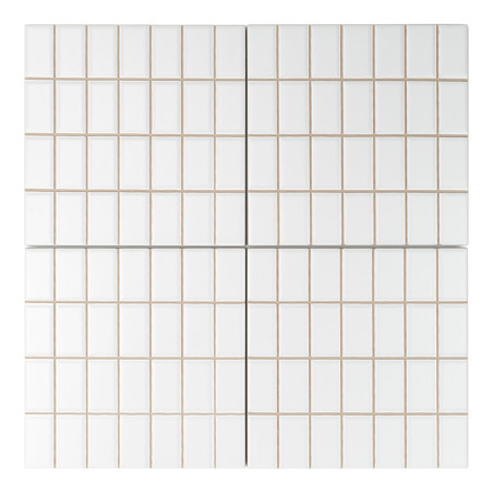 White, glossy square tiles arranged in a grid pattern, divided by thin beige grout lines, create a uniform, clean surface.