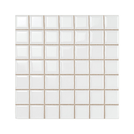 White ceramic tiles form a grid pattern, each tile slightly raised, creating a textured surface. The background is plain and min