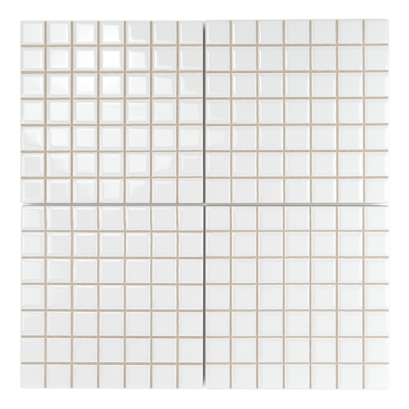 Los azulejos de cerámica blanca forman un patrón de cuadrícula, cada Azulejo ligeramente elevada, creando una superficie texturi