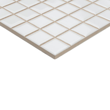 A square ceramic tile features a glossy finish, with raised grid lines, arranged on a beige backing, creating a geometric patter