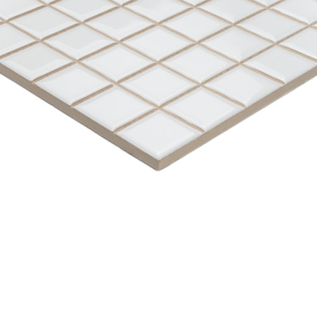 A square ceramic tile features a glossy finish, with raised grid lines, arranged on a beige backing, creating a geometric patter