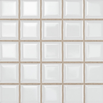White, glossy ceramic tiles organized in a 5x5 grid pattern, reflecting light subtly. The grout lines form a square border aroun