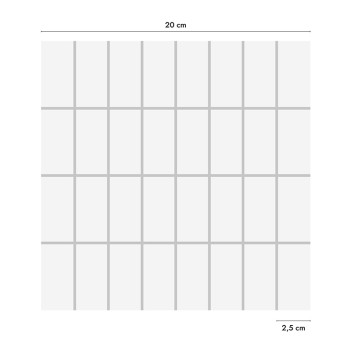 White square tile displaying a grid pattern of smaller rectangles, evenly spaced. Dimensions are labeled `20 cm` and `2.5 cm` on