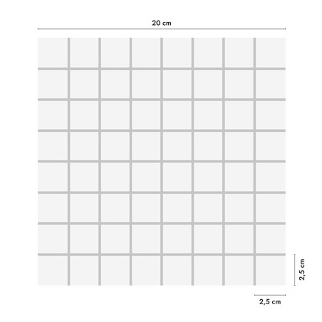 The image shows a grid of small, square tiles measuring 2.5 cm each, arranged within a larger 20 cm square, with measurements la