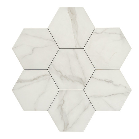 Les carreaux hexagonaux forment un motif en nid d'abeille, avec un fond blanc avec de subtiles veines grises, évoquant une appar