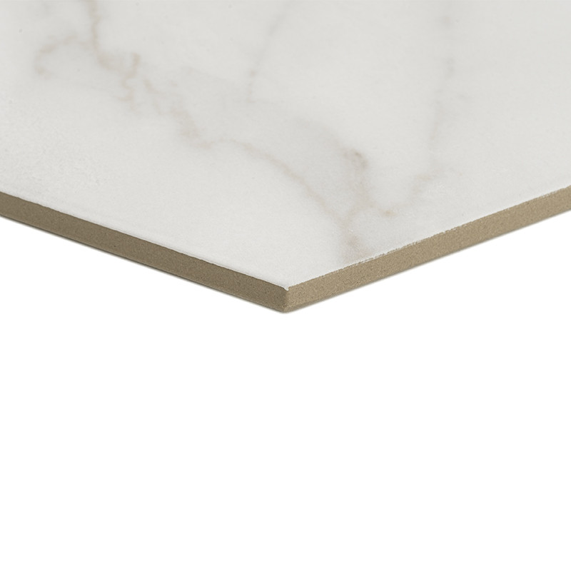 Un carreau de céramique carré présente une surface lisse et brillante avec de subtiles marbrures grises. Il repose en angle, met