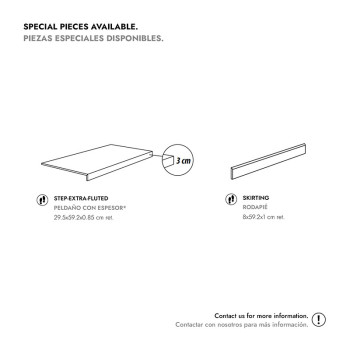 São expostas peças especiais de azulejos: uma peça escalonada extra-canelada com dimensões 29,5x59/20,85 cm ret., e um rodapé 8x
