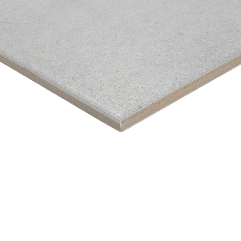 Square, smooth light grey tile with a beveled edge, positioned against a white backdrop, emphasizing its clean surface and sharp