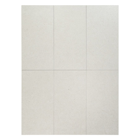 Grandes ladrilhos retangulares bege estão dispostos em uma grade 2x3, criando um design minimalista em uma superfície plana.