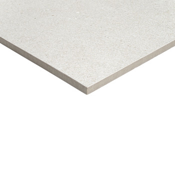 Un carreau lisse gris clair avec une texture mouchetée repose sur un fond blanc, soulignant sa surface uniforme et ses bords net