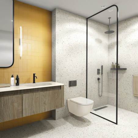 A modern bathroom features a wooden vanity with a sleek faucet, a glass-enclosed shower, and a floating toilet against speckled 