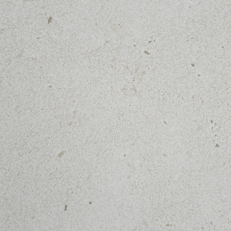 Tegel: lichtgrijze, fijnkorrelige matte oppervlakte met verspreide donkere vlekjes; vlak, neutraal uiterlijk, geschikt voor binnenvloeren of wandbekleding.