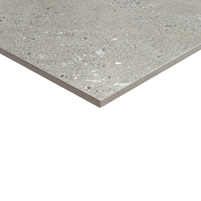 Carrelage gris clair à texture bétonnée et mouchetures, bord fin et arête apparente; présenté en perspective sur fond blanc neutre.