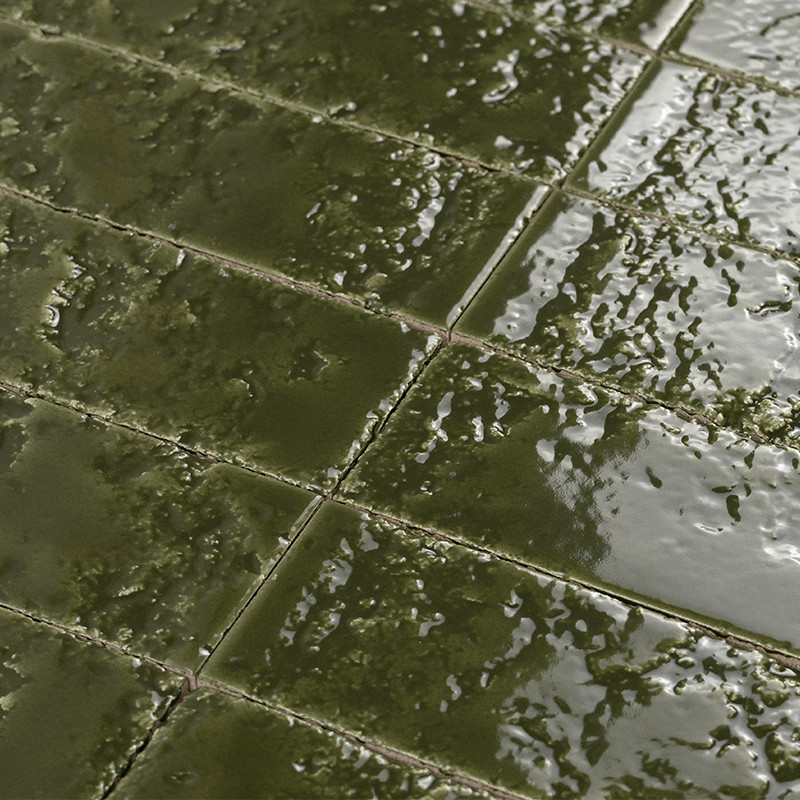Cracked glazed green tile with surface puddles, forming a grid of adjacent tiles with dirty and worn joints, suggesting a damp floor.