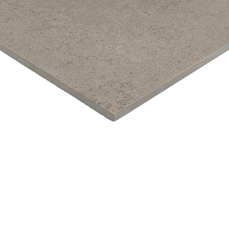 Rectangular grayish beige tile with a matte texture and thin edge, seen in perspective against a white background, showing thickness and a slightly rough surface.