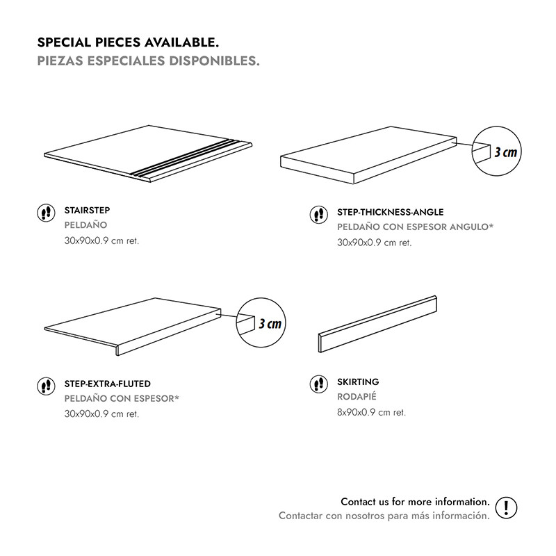 Carrelage: quatre pièces spéciales (marches et plinthes) illustrées — STAIRSTEP, STEP-THICKNESS-ANGLE, STEP-EXTRA-FLUTED, SKIRTING — dimensions et épaisseur (3 cm) indiquées.  Texte transcrit: SPECIAL PIECES AVAILABLE. PIEZAS ESPECIALES DISPONIBLES.  STAI