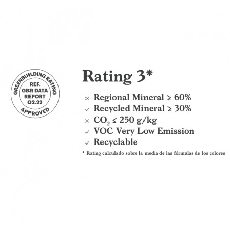 Classificação 3* com selo de aprovação. 60% de minerais regionais e 30% de minerais reciclados. CO₂ ≤ 250g/kg. baixas emissões. 