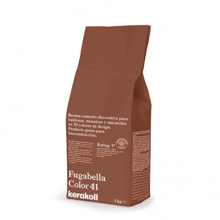 Brauner Beutel mit der Aufschrift „Fugabella Color 41 kerakoll“, enthält dekorativen Harzzement für Fliesen. legt Wert auf eine 
