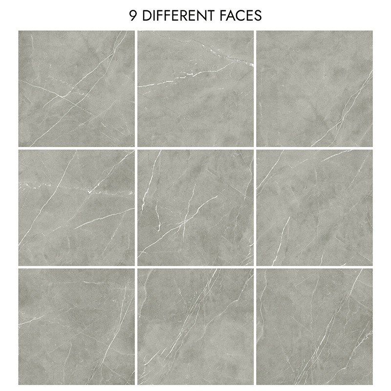 Azulejo cinza marmorizado em grade 3x3; cada peça exibe veios brancos sutis; ambiente neutro e uniforme.  Texto na imagem: 9 DIFFERENT FACES