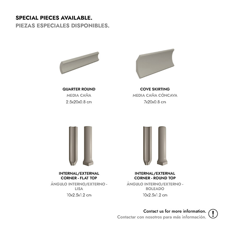 Keramische profielen (quarter round, cove skirting, interne/externe hoeken) afgebeeld op witte achtergrond; productnamen en afmetingen in Engels en Spaans weergegeven.  Volledige tekst in beeld: SPECIAL PIECES AVAILABLE. PIEZAS ESPECIALES DISPONIBLES.  QU