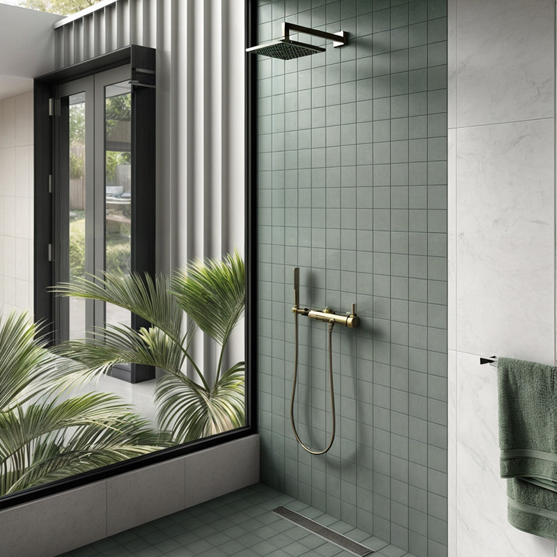 Azulejo verde quadrado cobrindo parede e piso do chuveiro; chuveiro de teto e misturador dourado; ampla janela com plantas externas e parede branca com toalha verde.