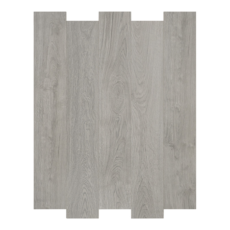 Rectangular gray tile with wood effect, vertical veins, and interlocking tabs; laminate flooring piece on a neutral white background.