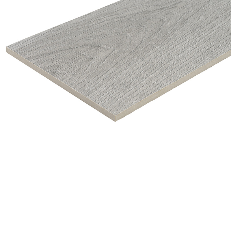 Light grey wood effect rectangular tile with beige veins and edge; textured surface; presented isolated in perspective on a white background.