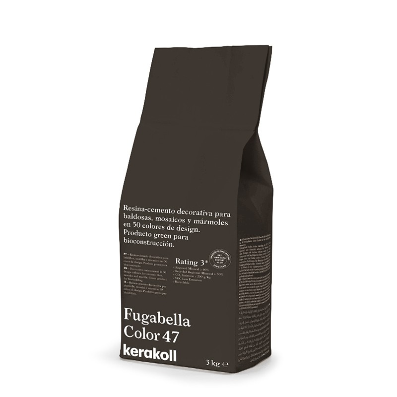 Le sac de résine-ciment tient debout, offrant des solutions de surfaces décoratives. le texte dit : « Fugabella Color 47 kerakol