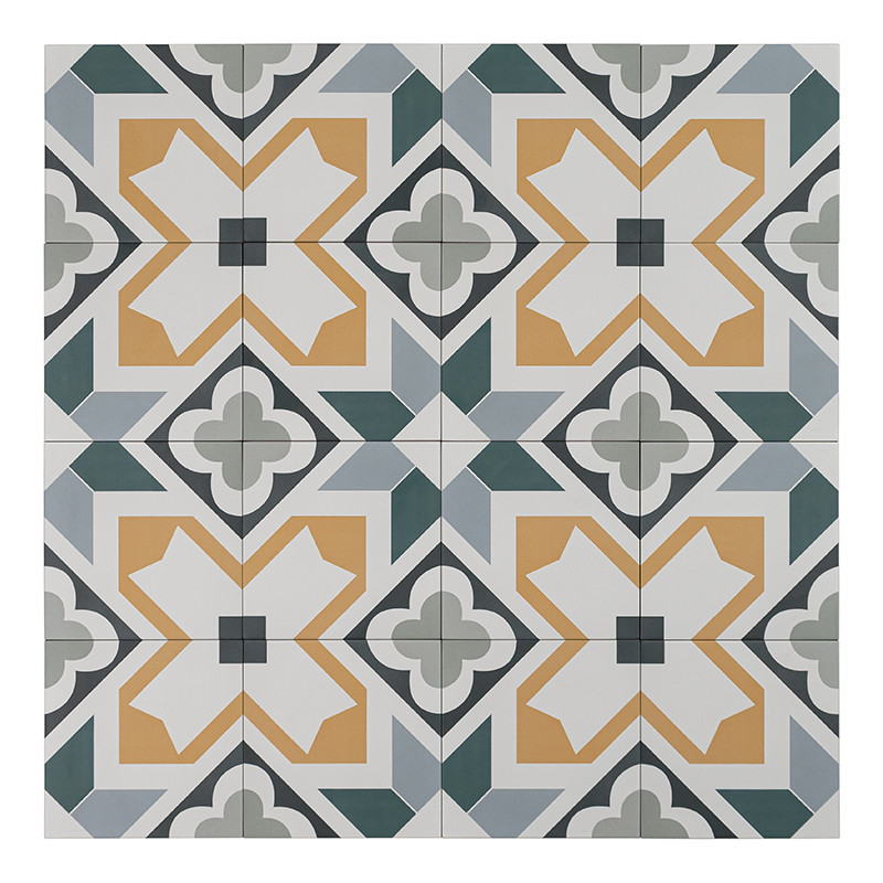 Keramikfliese, quadratisch; geometrisches Muster mit senfgelbem hausartigem Motiv, petrolelem Dreieck, hell- und dunkelgrauen Bögen sowie weißen Flächen und diagonalen Streifen.