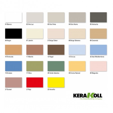 A cartela de cores apresenta 26 tonalidades de cimento-resina dispostas em grade. Texto: `KERAKOLL The GreenBuilding Company.`