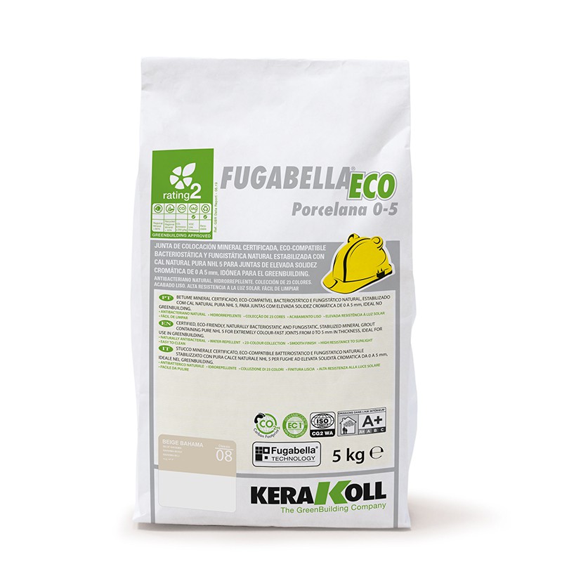 Saco branco com texto `FUGABELLA ECO Porcelana 0-5`, inclui ícones e gráficos verdes, contém cimento da Kerakoll.